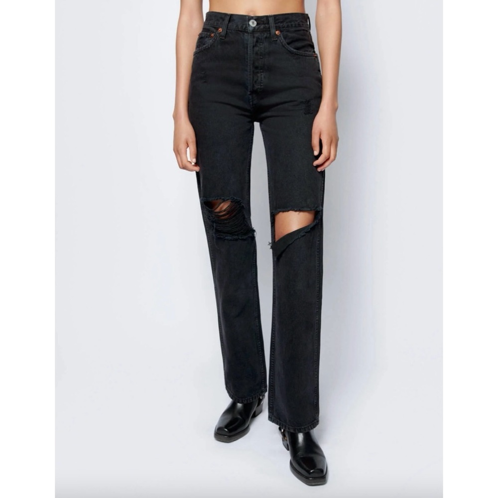 Re/Done 90s High-Rise Black Distressed Jeans Thrashed Ripped Raw Hem, 26